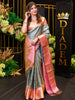 Pastel Mint Green Floral Vine Zari Woven Design Pure Kanchipuram Silk Bridal Wear Saree with Contrast Zari Border