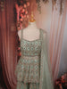 Pastel Mint Green Geometric Heavy Sequins and Beads Embroidered Design Net Indo Western Peplum Palazzo Suit with Matching Dupatta