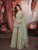 Pastel Mint Green Geometric Heavy Sequins and Beads Embroidered Design Net Indo Western Peplum Palazzo Suit with Matching Dupatta