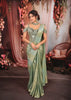 Pastel Mint Green Mirror Embroidered Design Tissue Silk Ready to Wear Draped Saree with Matching Designer Corset Blouse