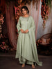 Pastel Mint Green Floral Zari Embroidered Design Cotton Palazzo Suit with Matching Dupatta