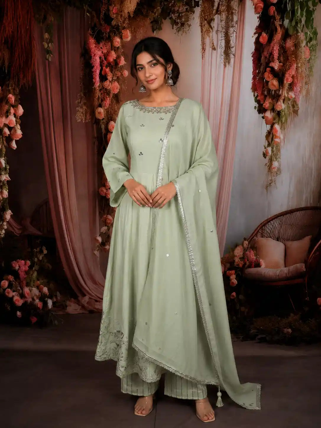 Pastel Mint Green Floral Zari Embroidered Design Cotton Palazzo Suit with Matching Dupatta