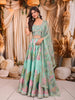 Pastel Mint Green Peacock Sequins and Beads Embroidered Design Banarasi Silk Party Wear Lehenga With Matching Dupatta
