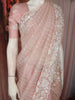 Pastel Peach Pink Striped Sequins Embroidered Design Pure Organza Fancy Saree with Scalloped Border