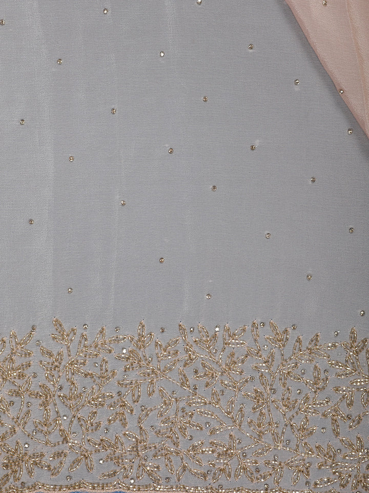 Pastel Peach Solid Design Synthetic Saree With Floral Beads Border - Diadem