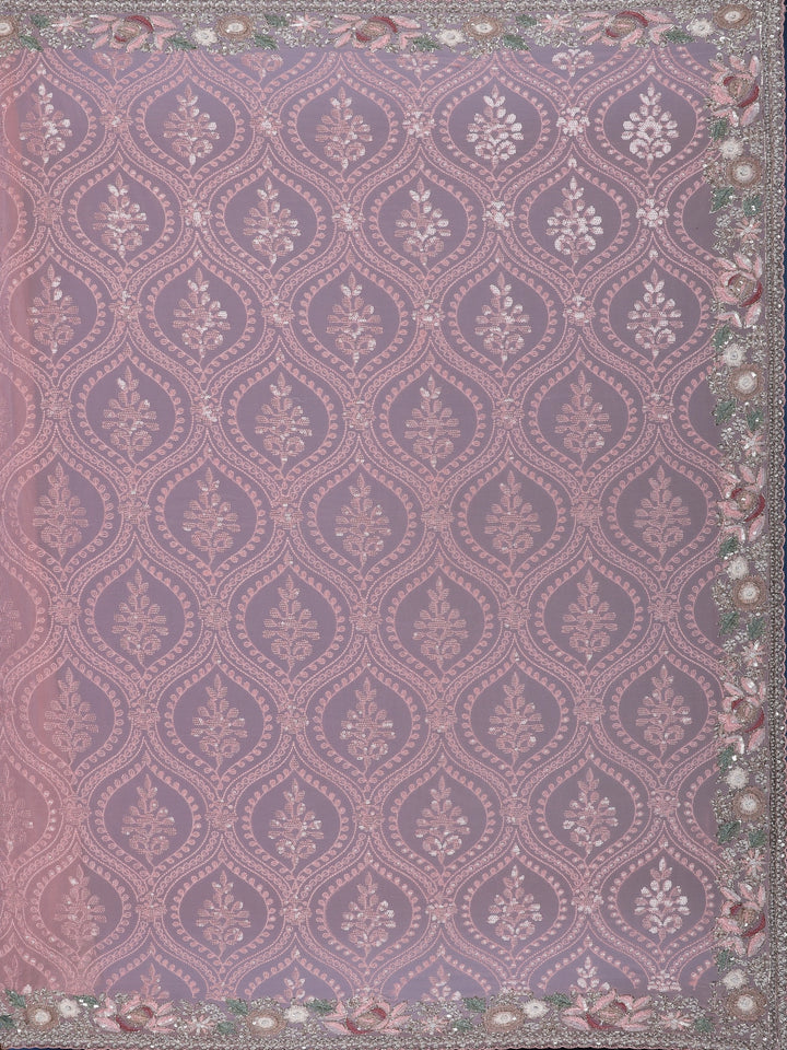 Pastel Pink Floral Embroidered Synthetic Saree - Diadem
