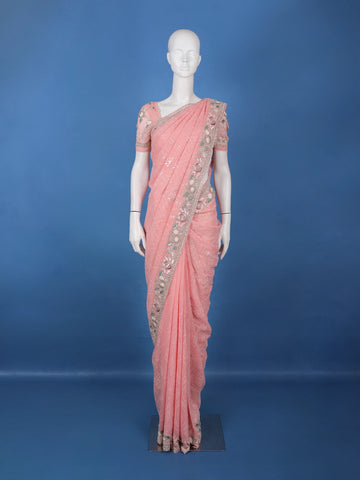 Pastel Pink Floral Embroidered Synthetic Saree - Diadem