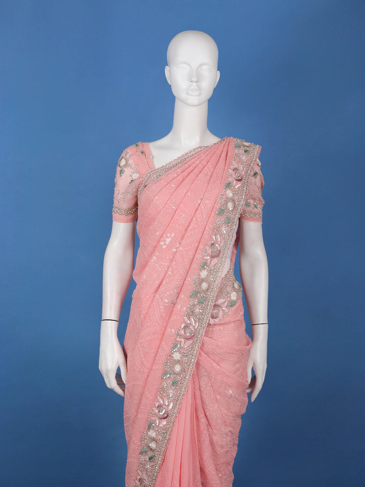 Pastel Pink Floral Embroidered Synthetic Saree - Diadem