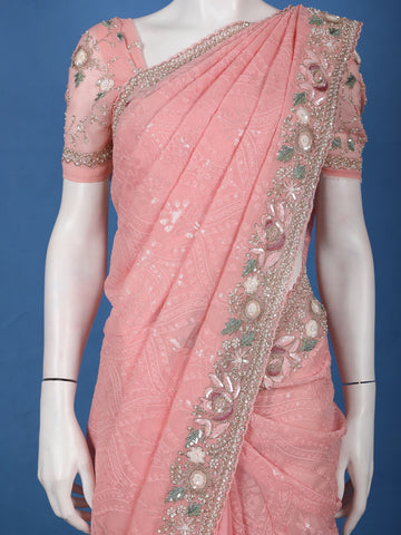 Pastel Pink Floral Embroidered Synthetic Saree - Diadem
