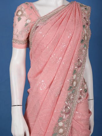 Pastel Pink Floral Embroidered Synthetic Saree - Diadem