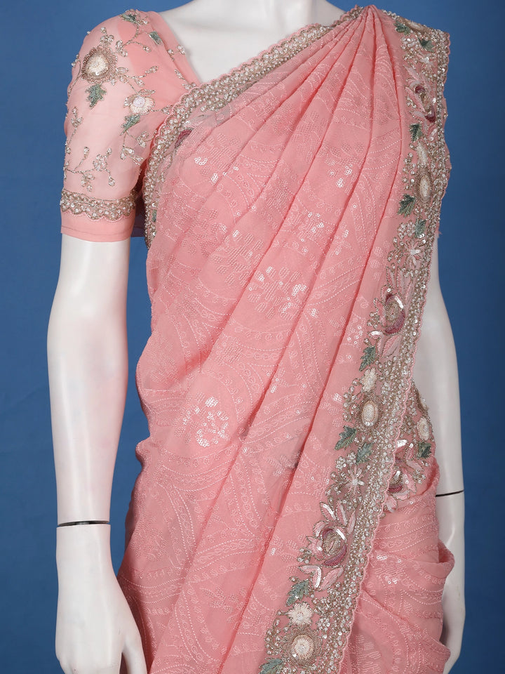 Pastel Pink Floral Embroidered Synthetic Saree - Diadem