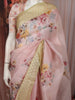 Pastel Pink Floral Printed Design Pure Tussar Party Wear Saree with Contrast Lace Border