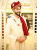 Pastel Pink Geometric Stone Embellished Design Cotton Men's Sherwani Suit with Matching Pant and Pearl Malai