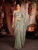 Pastel Sage Green Floral Butta Zari Embroidered Design Pure Organza Saree with Scalloped Border