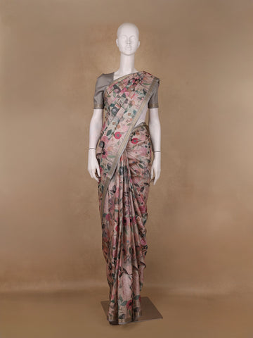 Pastel Beige Floral Printed Tussar Silk Saree - Diadem