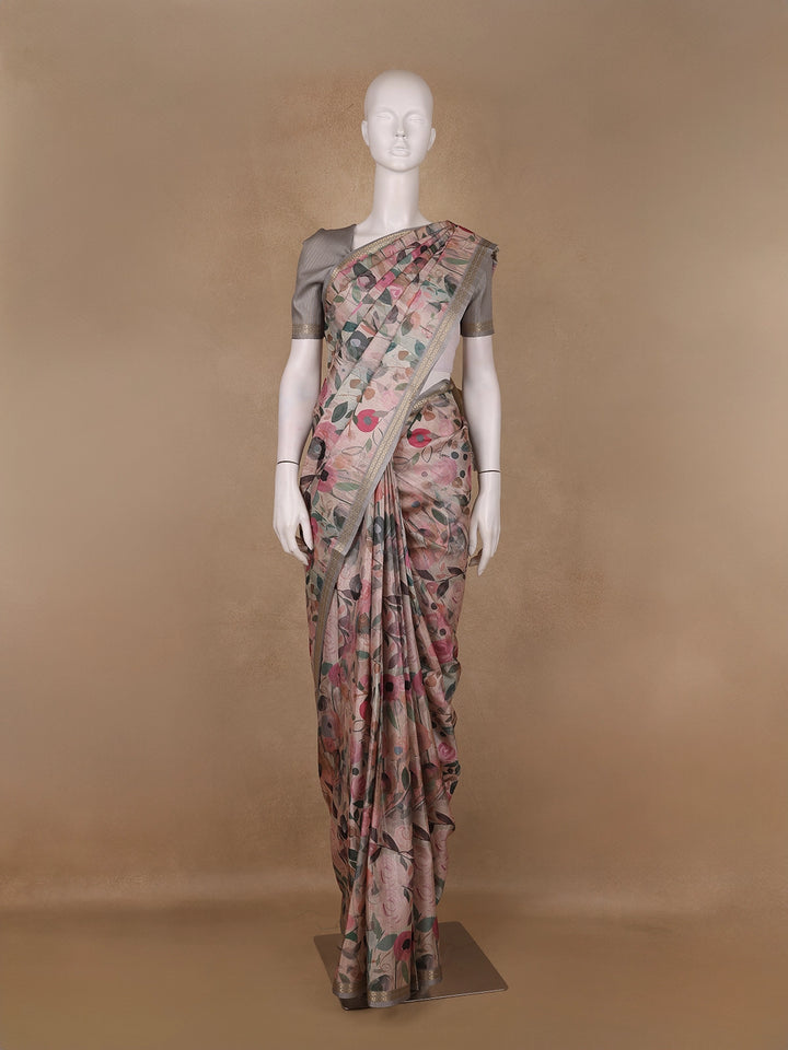 Pastel Beige Floral Printed Tussar Silk Saree - Diadem