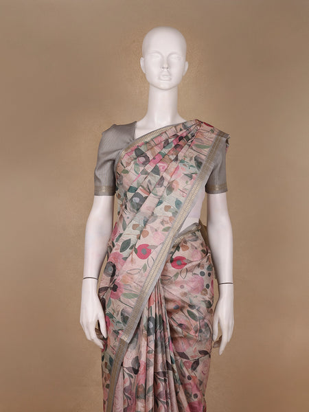Pastel Beige Floral Printed Tussar Silk Saree - Diadem