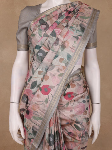 Pastel Beige Floral Printed Tussar Silk Saree - Diadem