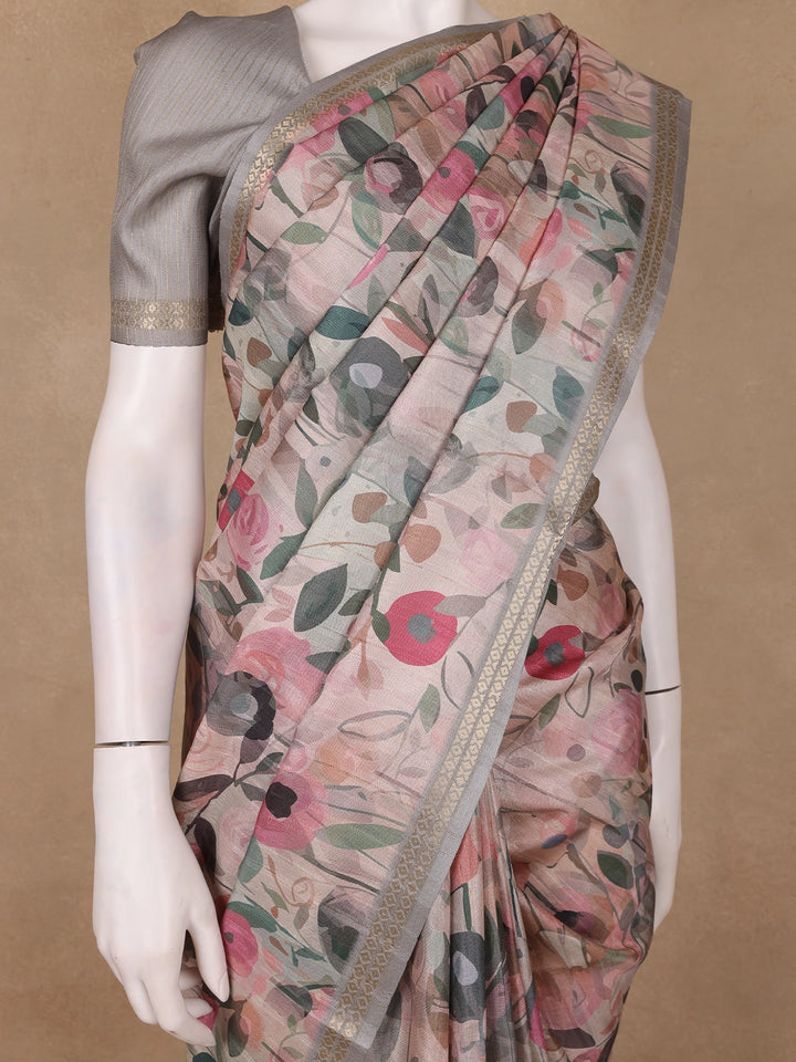 Pastel Beige Floral Printed Tussar Silk Saree - Diadem