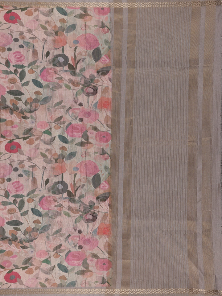 Pastel Beige Floral Printed Tussar Silk Saree - Diadem