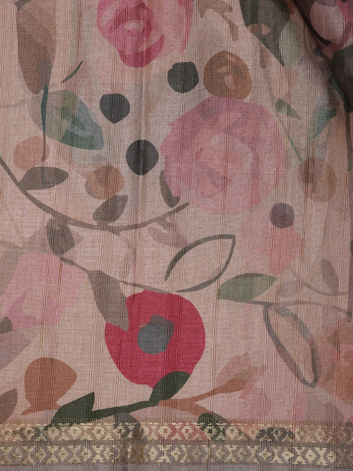 Pastel Beige Floral Printed Tussar Silk Saree - Diadem