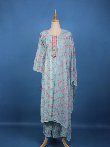 Pastel Blue Floral Printed Cotton Salwar Suit Set - Diadem