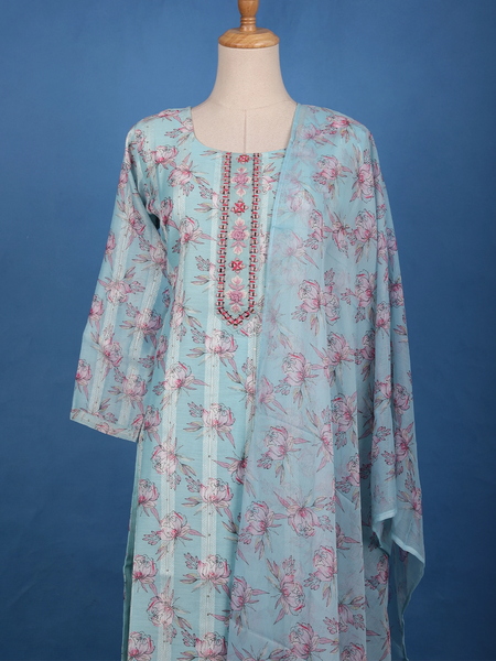 Pastel Blue Floral Printed Cotton Salwar Suit Set - Diadem