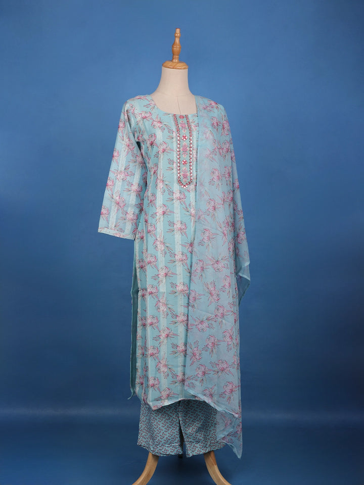 Pastel Blue Floral Printed Cotton Salwar Suit Set - Diadem