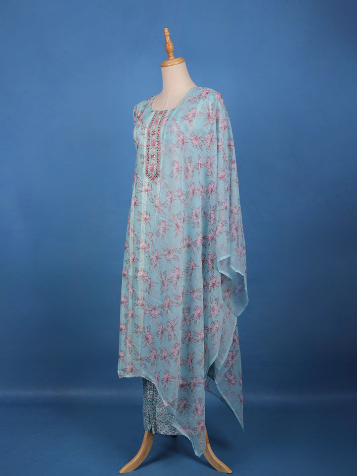 Pastel Blue Floral Printed Cotton Salwar Suit Set - Diadem