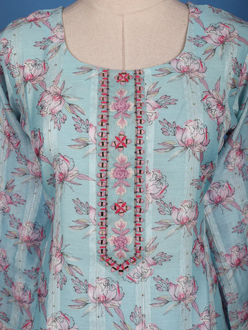 Pastel Blue Floral Printed Cotton Salwar Suit Set - Diadem