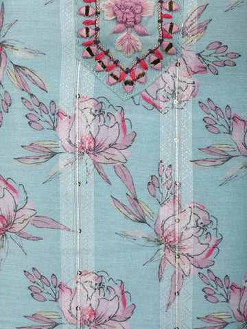 Pastel Blue Floral Printed Cotton Salwar Suit Set - Diadem