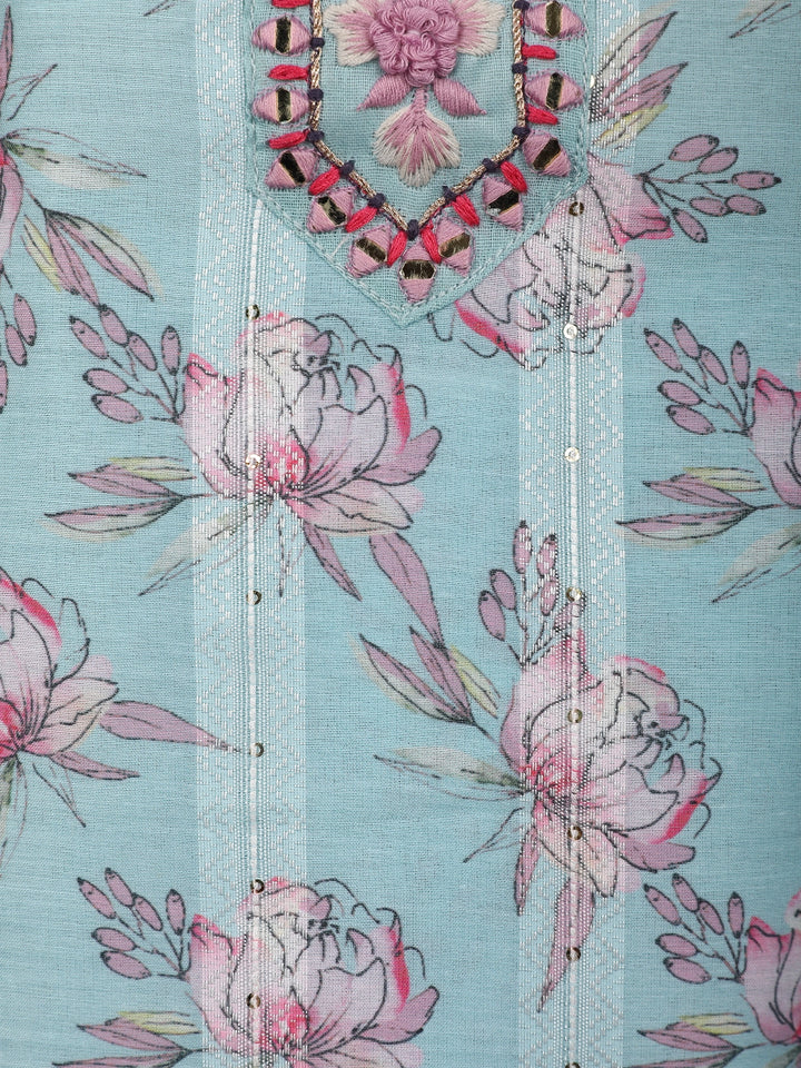 Pastel Blue Floral Printed Cotton Salwar Suit Set - Diadem
