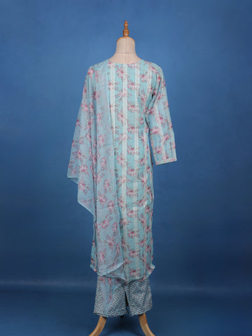 Pastel Blue Floral Printed Cotton Salwar Suit Set - Diadem