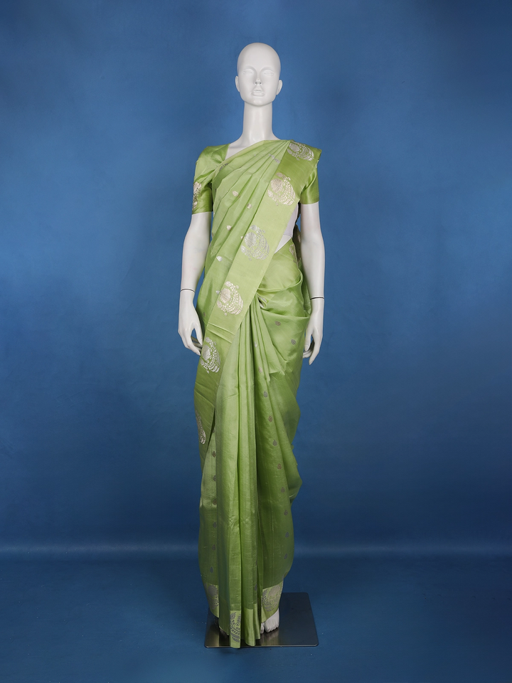 Pastel Green Floral Design Woven Silk Saree - Diadem