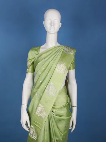 Pastel Green Floral Design Woven Silk Saree - Diadem