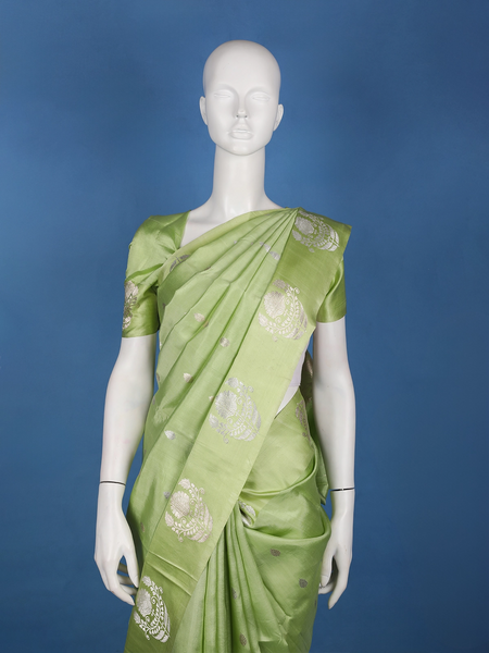 Pastel Green Floral Design Woven Silk Saree - Diadem