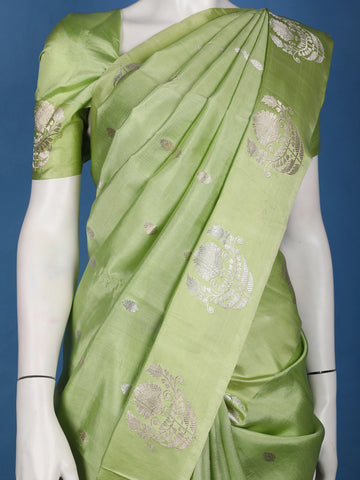 Pastel Green Floral Design Woven Silk Saree - Diadem
