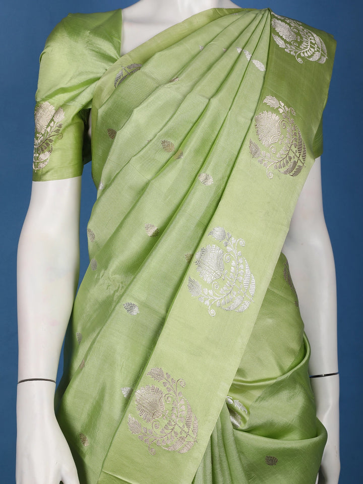 Pastel Green Floral Design Woven Silk Saree - Diadem