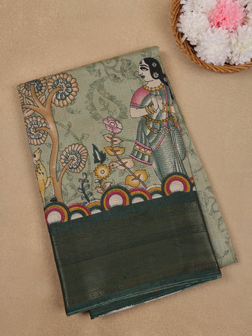Pastel Green Floral Kalamkari Printed Cotton Saree - Diadem