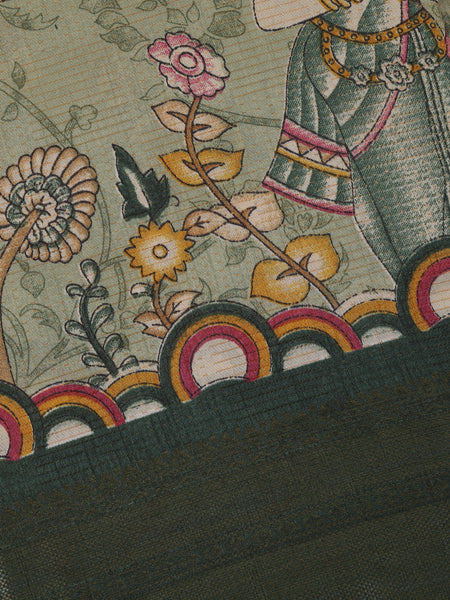 Pastel Green Floral Kalamkari Printed Cotton Saree - Diadem
