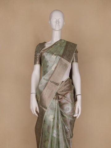 Pastel Green Floral Motifs Semi Tissue Saree - Diadem