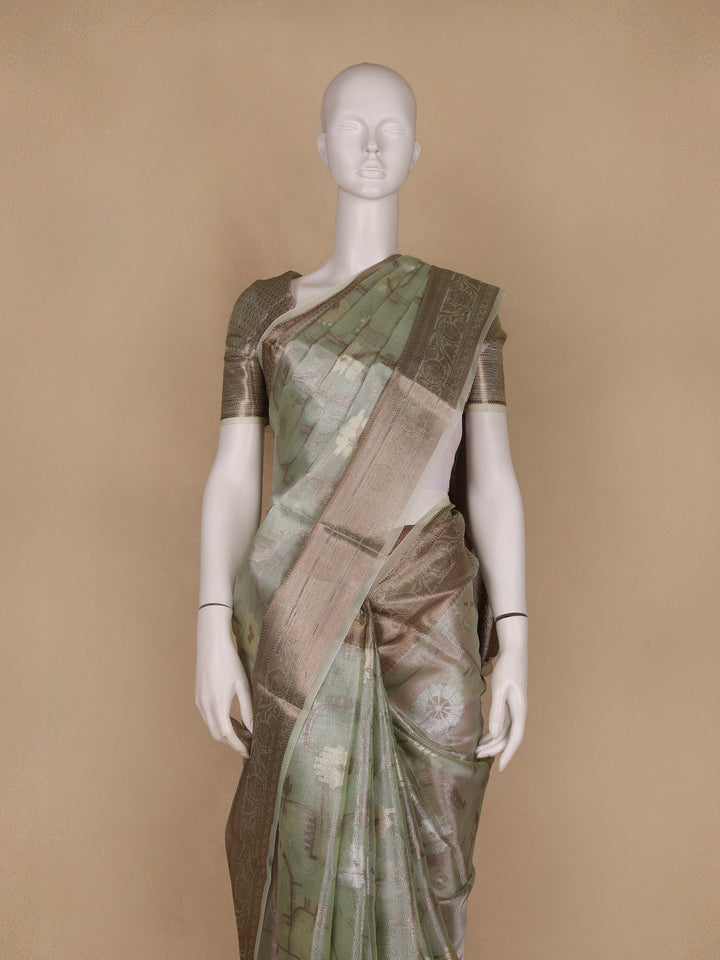 Pastel Green Floral Motifs Semi Tissue Saree - Diadem