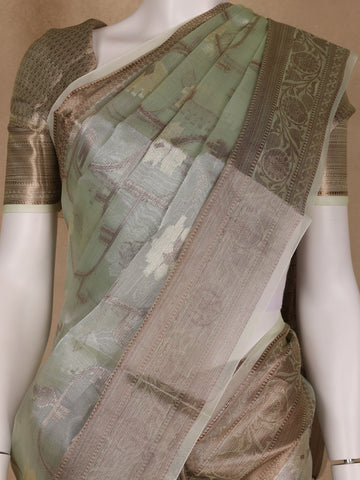 Pastel Green Floral Motifs Semi Tissue Saree - Diadem