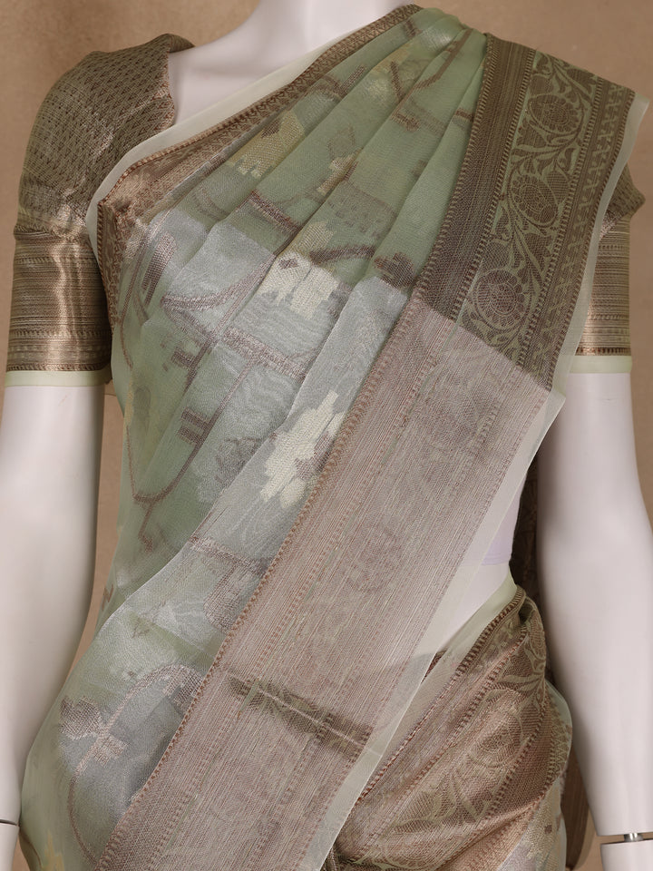 Pastel Green Floral Motifs Semi Tissue Saree - Diadem