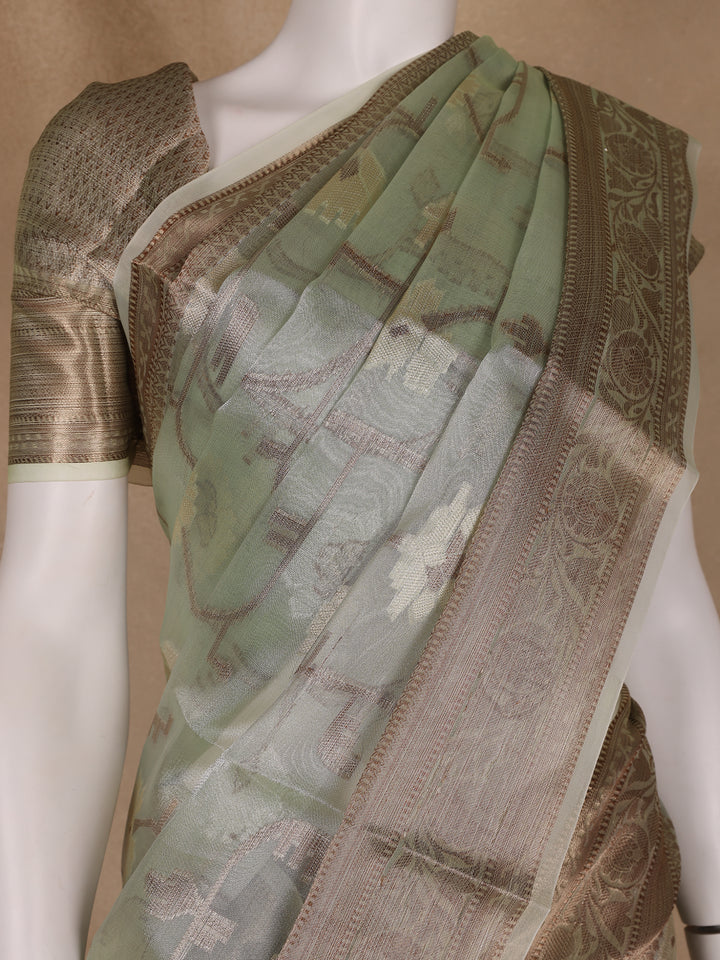 Pastel Green Floral Motifs Semi Tissue Saree - Diadem