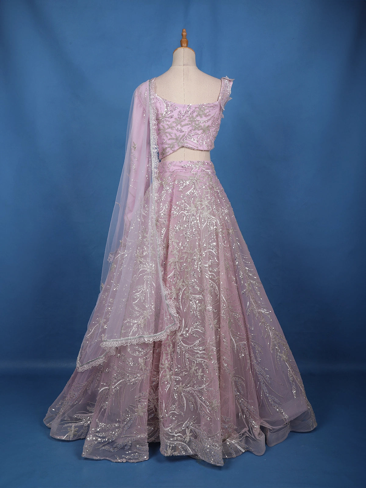 Pastel Lavender Floral And Sequins Embroidered Net Lehenga for Bridesmaids - Diadem