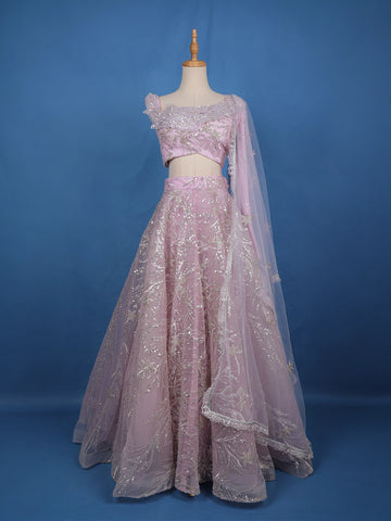 Pastel Lavender Floral And Sequins Embroidered Net Lehenga for Bridesmaids - Diadem