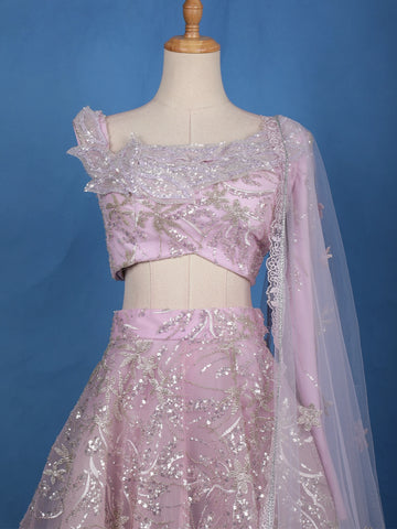 Pastel Lavender Floral And Sequins Embroidered Net Lehenga for Bridesmaids - Diadem