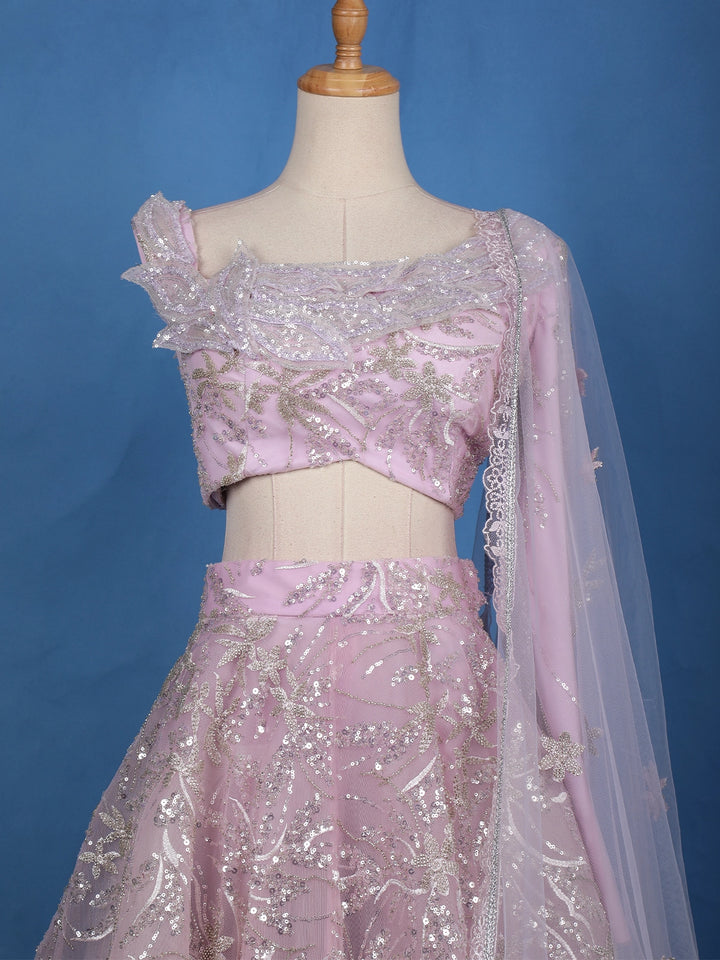 Pastel Lavender Floral And Sequins Embroidered Net Lehenga for Bridesmaids - Diadem