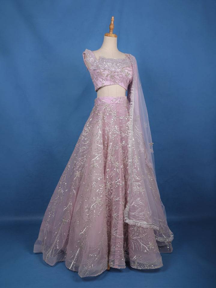 Pastel Lavender Floral And Sequins Embroidered Net Lehenga for Bridesmaids - Diadem